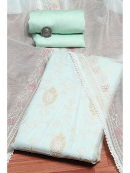 Biba - Women's Turquoise Polyester Machine Embroidered Unstitched Suit (Set of 3)