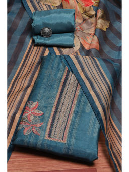 Biba - Women's Blue Chanderi Printed Embroidered Unstitched Suit (Set of 3)