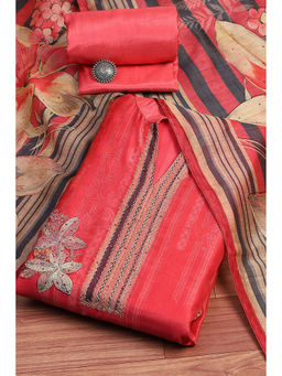 Biba - Women's Red Chanderi Printed Embroidered Unstitched Suit (Set of 3)