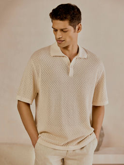 Andamen - Off White Self Design Relaxed Fit Polo T-Shirt