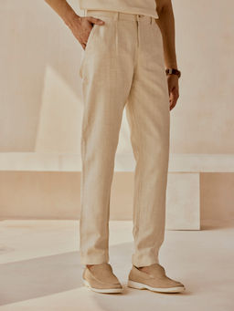 Andamen - Casual Men Linen Blend Stripe Beige Regular Fit Trouser