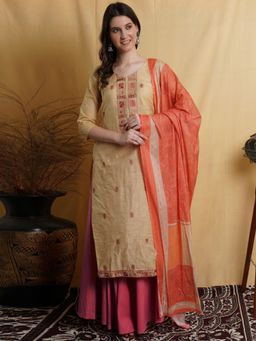 Stylee LIFESTYLE - Gold Cotton Jacquard Embroidered Dress Material (Set of 3)