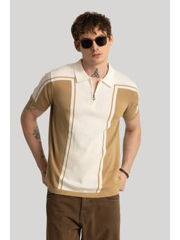 Snitch - Men Beige Colorblock Half Sleeves Slim Fit Polo T-Shirt