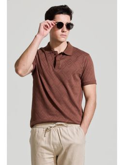 Snitch - Men Brown Self-Design Half Sleeves Slim Fit Polo T-Shirt
