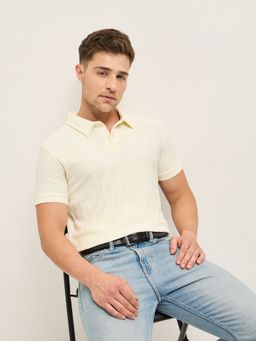 The Bear House - Men Off White Cotton Polo Collar T-Shirt