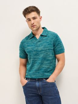 The Bear House - Men Teal Cotton Polo Collar T-Shirt