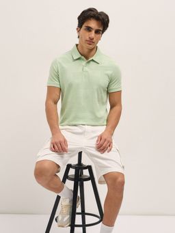 The Bear House - Men Green Cotton Slim Fit Polo Collar T-Shirt