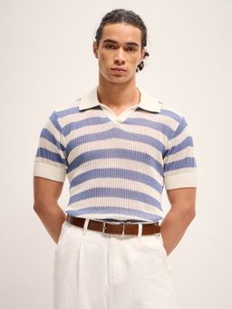 The Bear House - Men Blue and White Relaxed Fit Polo T-Shirt