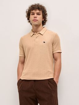 The Bear House - Men Beige Cotton Self Design Polo T-Shirt