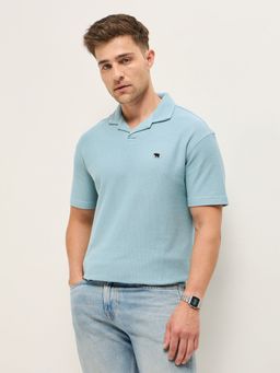 The Bear House - Men Blue Textured Cotton Polo Collar T-Shirt