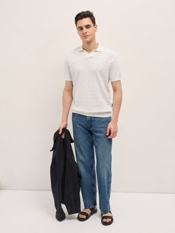 The Bear House - Men Off White Cotton Self Design Polo T-Shirt