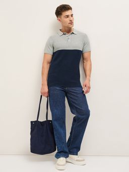 The Bear House - Men Navy Blue Colorblock Cotton Polo Collar T-Shirt