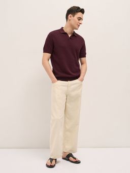 The Bear House - Men Maroon Cotton Self Design Polo T-Shirt