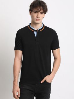 The Bear House - Men Black Solid Slim Fit Mandarin Neck T-Shirt
