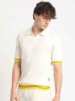 The Bear House - Men Cream Knitted Regular Fit Polo Collar T-Shirt