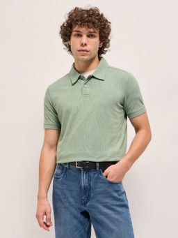 The Bear House - Men Green Cotton Self Design Polo T-Shirt