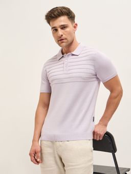 The Bear House - Men Lavender Cotton Regular Fit Polo Collar T-Shirt