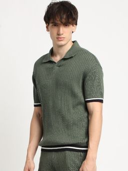 The Bear House - Men Green Knitted Regular Fit Polo Collar T-Shirt