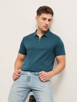 The Bear House - Men Teal Cotton Polo Collar T-Shirt