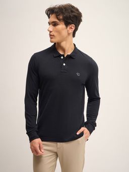 The Bear House - Men Black Solid Full Sleeve Polo Neck T-Shirt