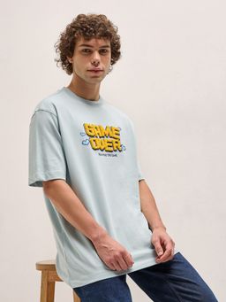 The Bear House - Men Blue Graphic Printed Cotton T-Shirt