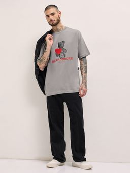 The Bear House - Men Grey Graphic Printed Cotton T-Shirt