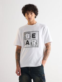 The Bear House - Men White Printed Drop-Shoulder Sleeves T-Shirt