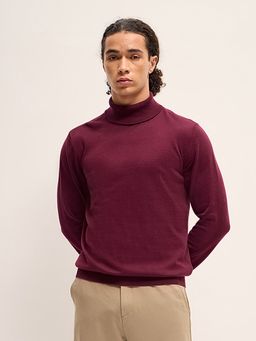The Bear House - Men Maroon Solid Regular Fit Turtle Neck T-Shirt