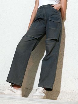 PINACOLADA - Women's Navy Blue Flared Cargo Denim Jeans