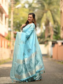 Odette - Blue Soft Mulberry Silk Exclusive Woven Designer Saree with Unstitched Blouse