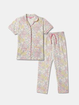 R&B - Floral Print Half Sleeve Cotton Shirt with Pyjama for Girls