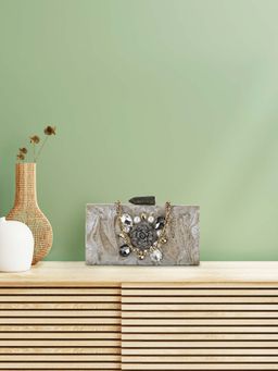 Anekaant - Sultana Grey & Silver Floral Embellished Resin Clutch