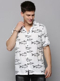 SHOWOFF - Mens Cuban Collar White Printed Shirt
