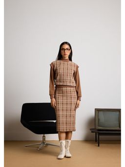 Muvazo - Brown Lycra Checks Top With Skirt