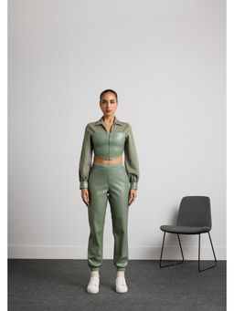 Muvazo - Green Leather Colo block Top With Joggers