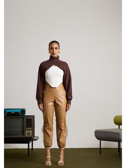 Muvazo - Brown Lycra Solid/Plain Shrug With Top With Jogger