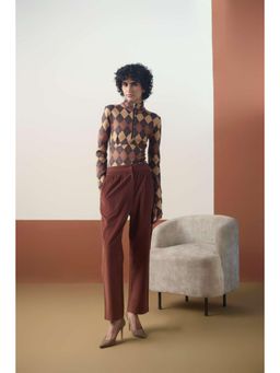 Muvazo - Brown Cotton Geometric Top With Pant