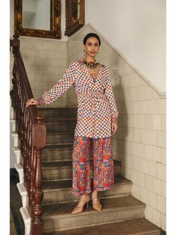 Muvazo - Multi-Colour Satin Geometric Shirt With Bralette With Pant