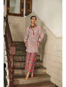 Muvazo - Multi-Colour Satin Checks Shirt With Bralette With Pant