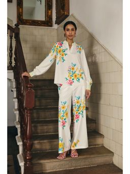 Muvazo - White Polyester Floral Top With Pant