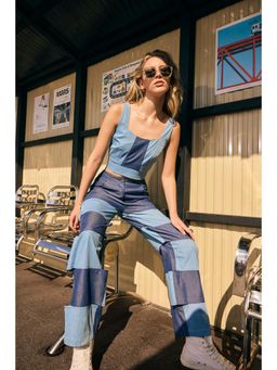 Muvazo - Blue Denim Colo block Top With Pant