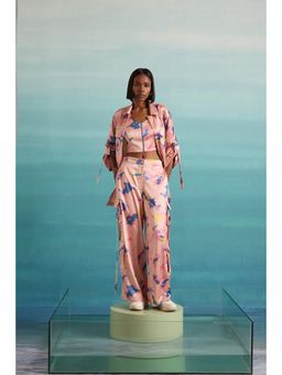 Muvazo - Peach Polyester Satin Printed Shirt With Bralette With Pant