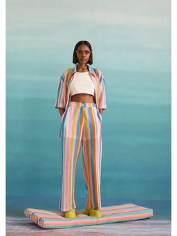 Muvazo - Multi-Colour Crochet Stripes Shirt With Pant And Bralette