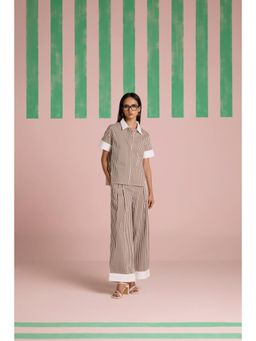 Muvazo - Brown Organic Cotton Stripes Shirt With Pant