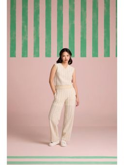 Muvazo - Beige Crochet Printed Top With Pant