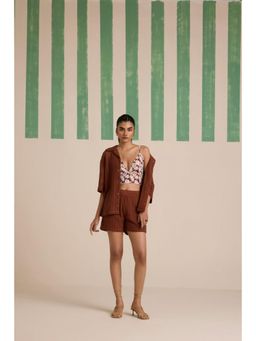 Muvazo - Brown Cotton Textured Shirt With Bralette With Shorts
