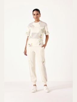 Muvazo - Beige Cotton Blend Floral Top With Pant