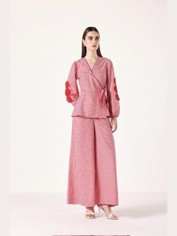 Muvazo - Red Pure Cotton Checks Top With Pant