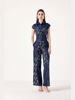 Muvazo - Navy Blue Denim Geometric Top With Pant