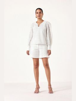 Muvazo - White Cotton Relaxed Embroidered Shorts